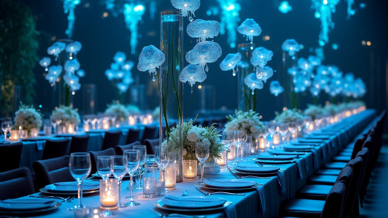 Luxury wedding reception with deep sea aquatic decor elements and ethereal lighting