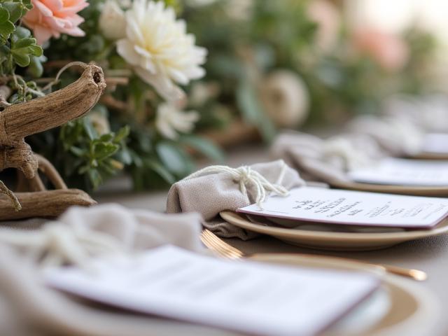 Eco-friendly wedding table setting with sustainable materials and local flora