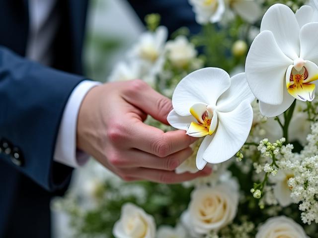A professional wedding coordinator adjusting a floral arrangement