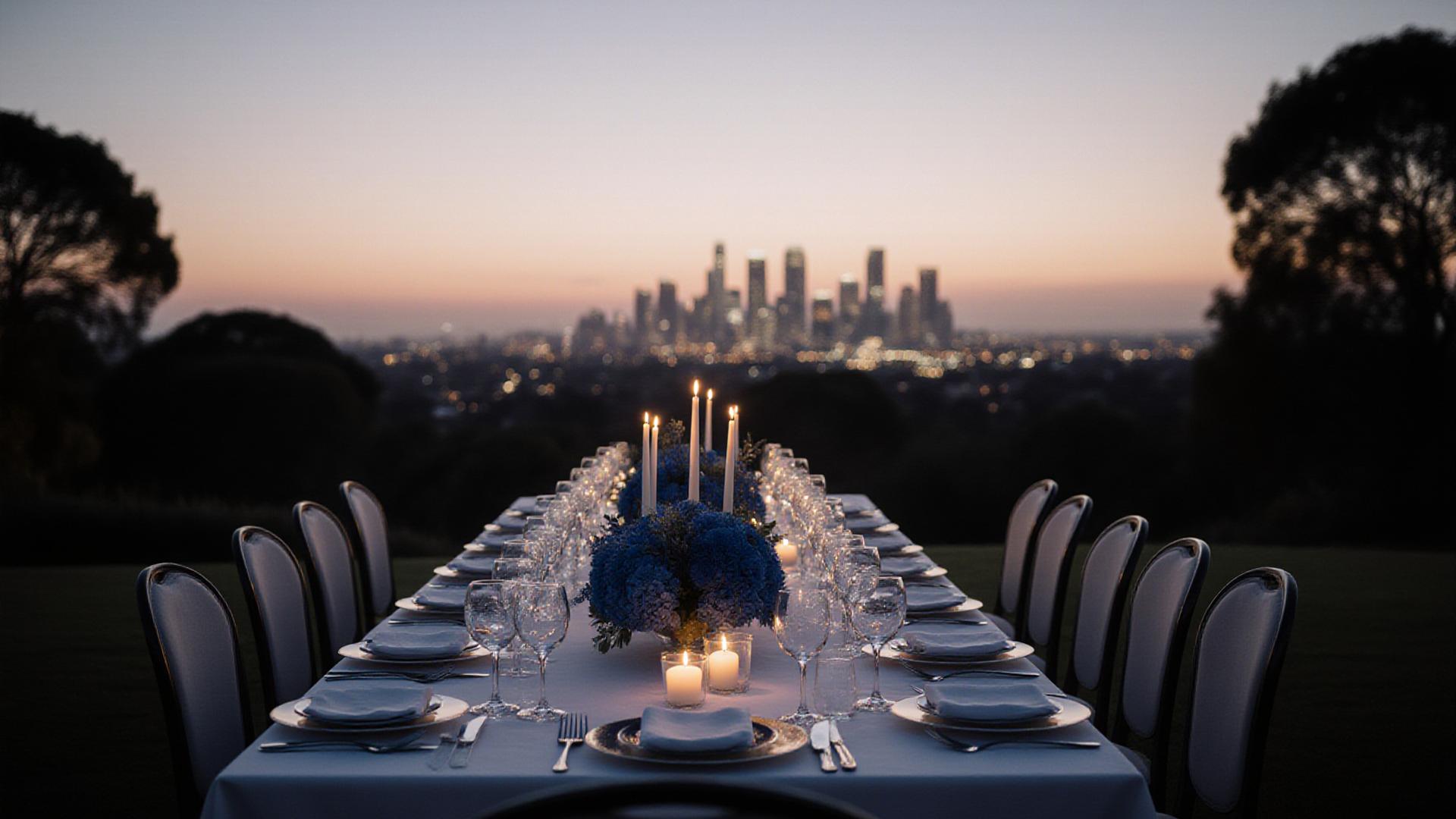 Elegantly set wedding table overlooking the Johannesburg skyline at dusk