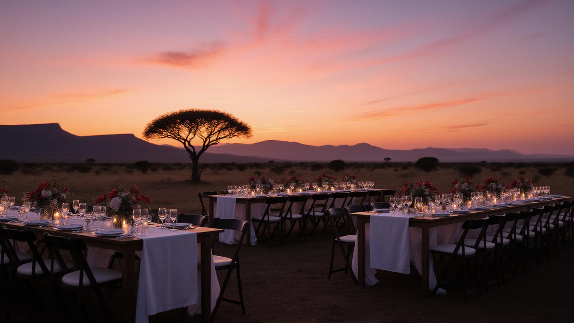 Luxurious sunset wedding setup on a South African savanna