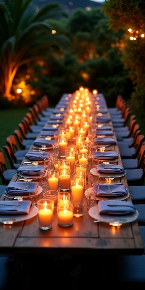 Intimate tablescape detail for 10 guests with floating candles