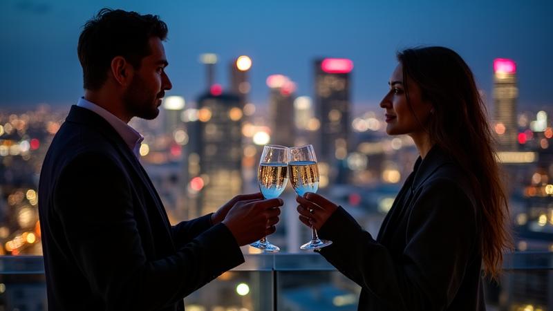 Couple celebrating at sunset on a private balcony in Johannesburg
