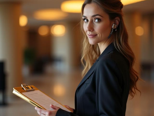 Professional coordinator holding a headset and clipboard at an event