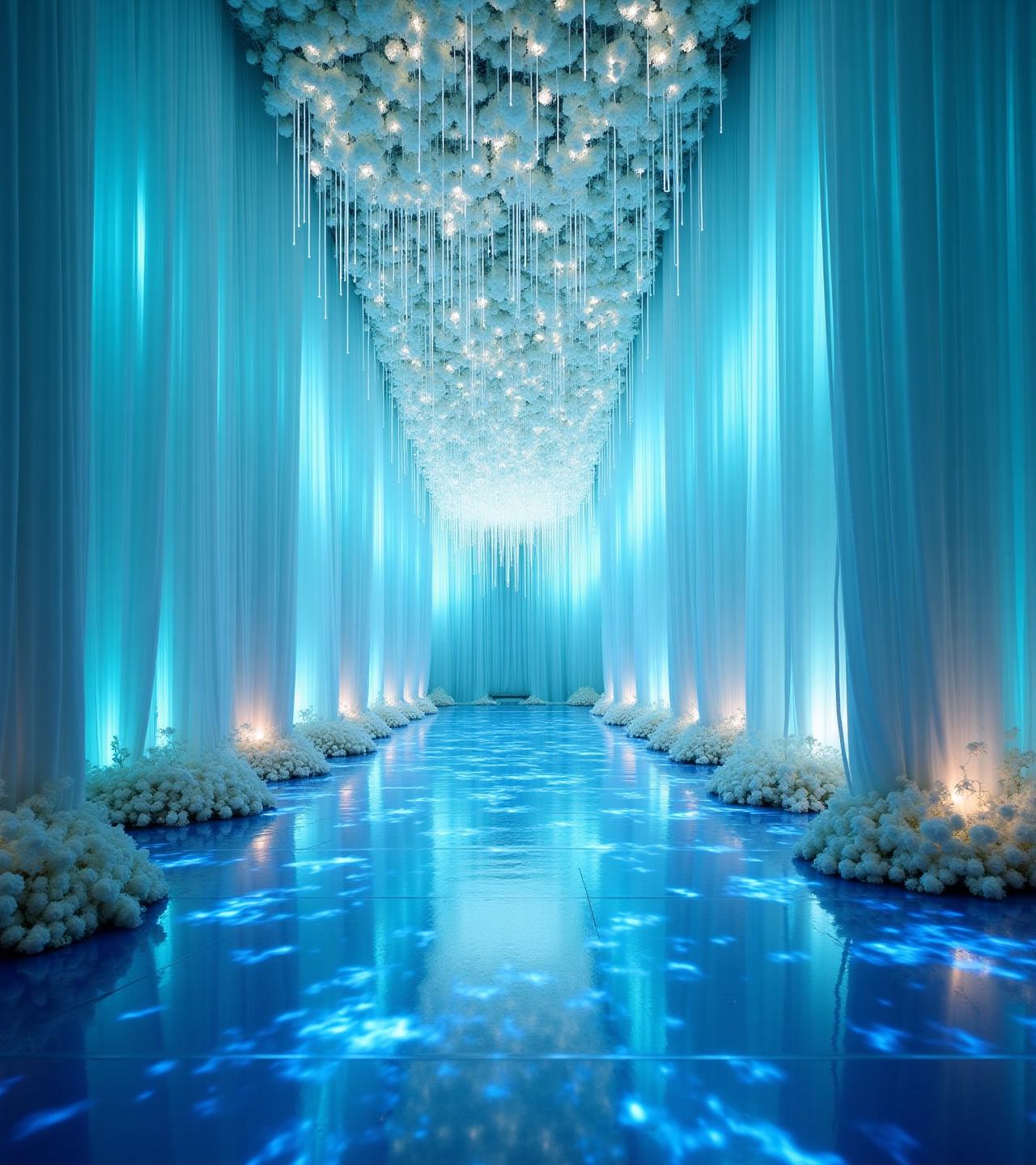 A luxurious wedding banquet hall submersed in ethereal blue light with jellyfish-inspired floral installations