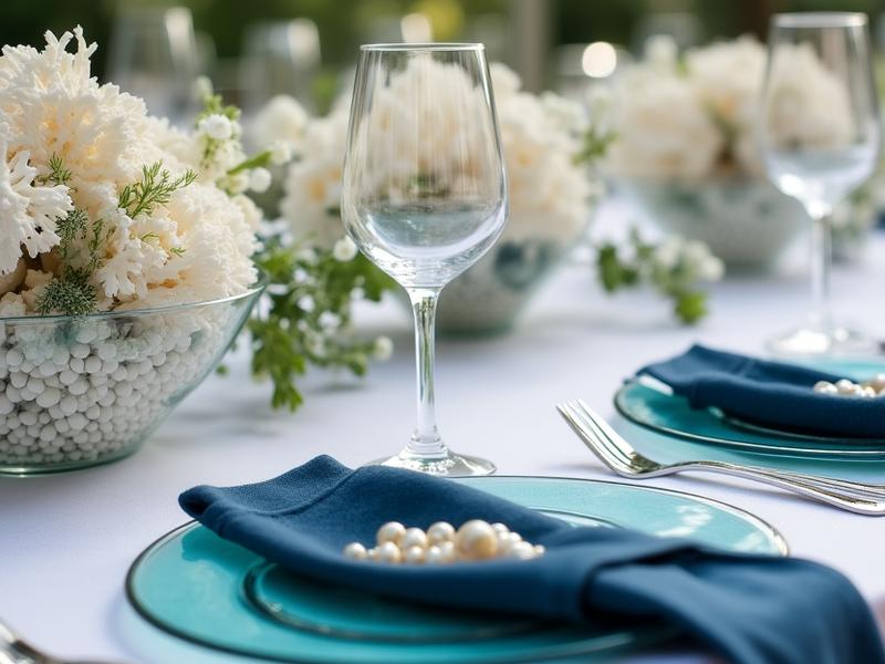 Detailed overhead shot of an aquatic tablescape with coral and pearls